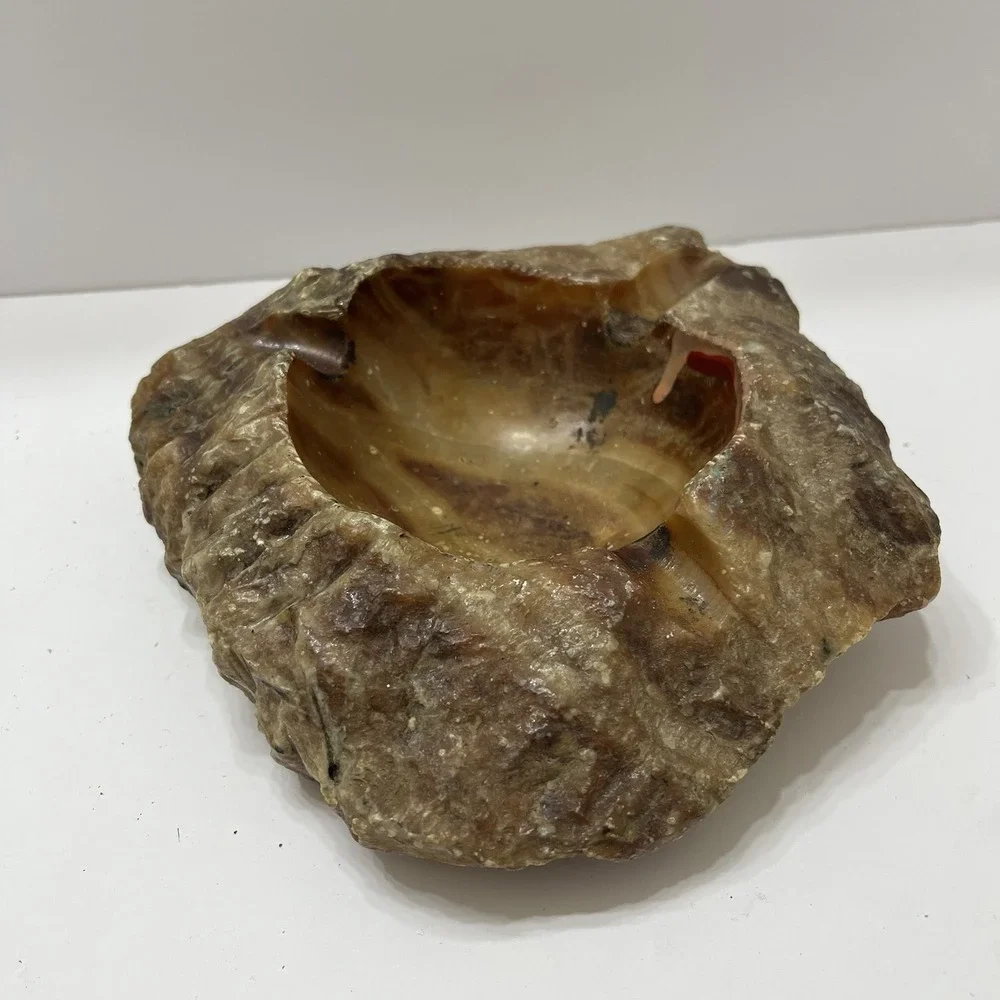Vintage Alabaster Ashtray/Trinket Holder Brutalist Rough Live Edges Browns 7.5x3